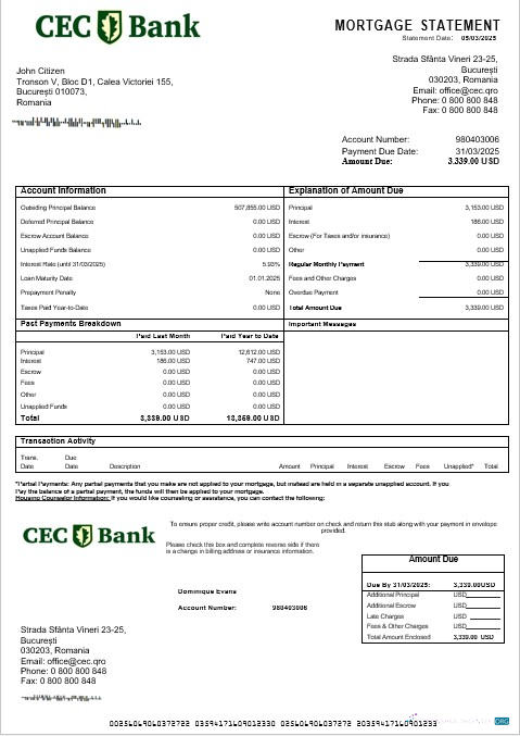 Download Romania CEC bank mortgage statement in Word and PDF formats Photoshop template